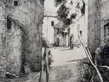 dessin représentant une rue dans un village, avec une clôture et un arbre