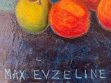 an oil painting of three oranges and an apple on a blue background