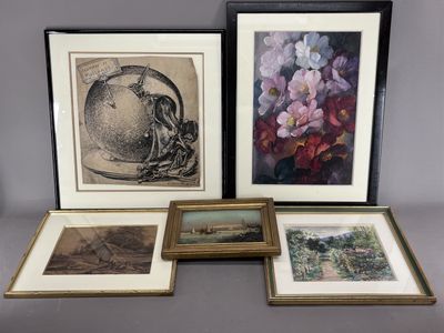 quatre photos encadrées représentant des fleurs et des fruits posés sur une table