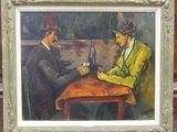 tableau représentant deux hommes assis à une table, avec un verre de vin devant eux