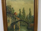 une peinture à l'huile représentant un pont sur une rivière avec une maison à l'arrière-plan