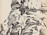 une image représentant un dessin d'une montagne avec des rochers au premier plan