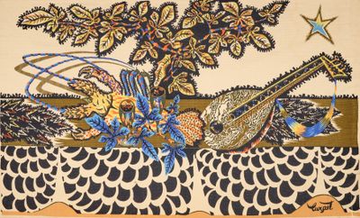 une image représentant une tapisserie sur laquelle figurent un oiseau et une guitare