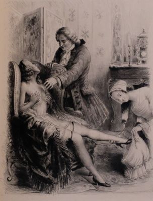 drawing of a woman sitting in a chair with a man standing next to her and a woman standing next to her