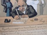 cartoon of a man sitting at a table with a pen and paper in front of him