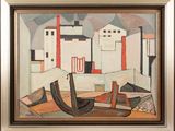 an image of a painting of a city with a boat in the foreground