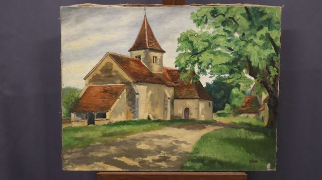 Gaston THIERY (1922-2013) « Église de Nohant ». Huile sur toile. ...