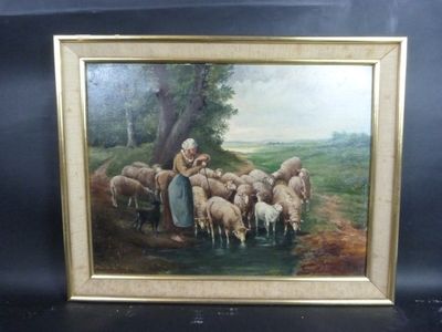 une photo d'un tableau représentant une femme s'occupant d'un troupeau de moutons