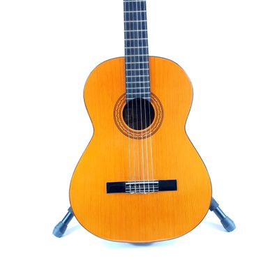 an image of a wooden guitar on a stand on a white background