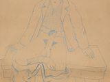 drawing of a man sitting on a bench with his legs crossed
