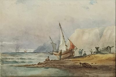 une image représentant un tableau où l'on voit un bateau sur une plage au bord d'un plan d'eau