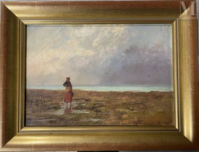 an oil painting of a woman standing on a beach by the ocean