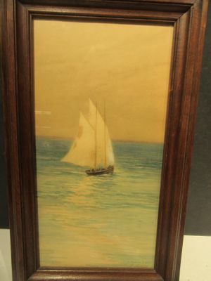 painting of a sailboat in the ocean with a yellow sky