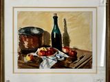 a painting of a still life with apples and a bottle