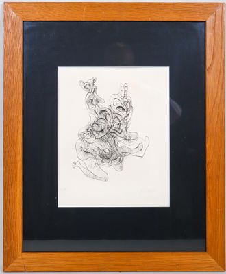 un dessin en noir et blanc représentant une fleur, dans un cadre en bois
