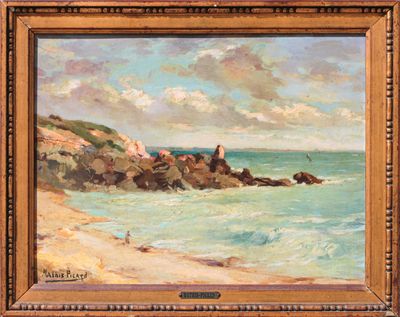 an image of a painting of a beach scene with people on the shore