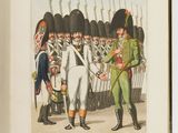 an old picture of two men shaking hands in front of a line of soldiers
