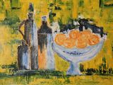a painting of a bowl of oranges on a table