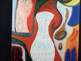 un tableau représentant une femme et un vase posés sur une table