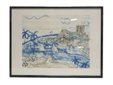 tableau représentant une scène de plage avec des palmiers et un bateau dans l'eau