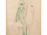 a drawing of a woman sitting on top of a horse
