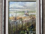 peinture d'une scène de plage avec un bateau au loin