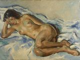 une peinture à l'huile représentant un homme nu allongé sur un lit