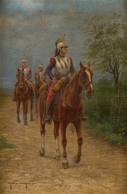 painting of a group of men riding horses down a dirt road