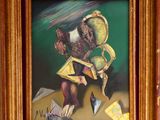 une peinture à l'huile représentant un homme assis sur une chaise avec un chien