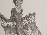 a black and white drawing of a woman sitting on a chair