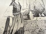 un dessin représentant une femme en robe longue sur un bateau