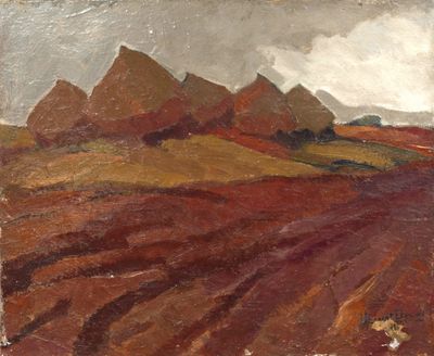 an image of a painting of a field with mountains in the background