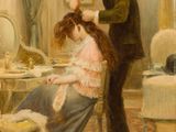 painting of a man combing a woman ' s hair in a living room
