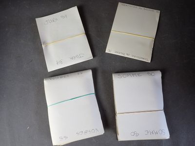 four pieces of paper with writing on them sitting on top of a table