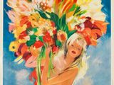 un tableau représentant une femme tenant un bouquet de fleurs