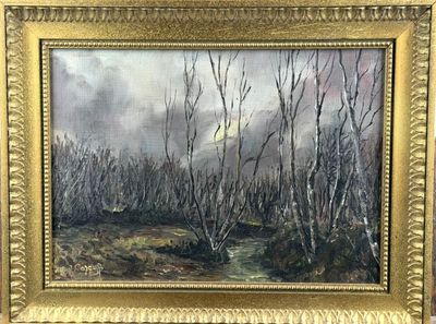 an oil painting of a landscape with trees in the foreground