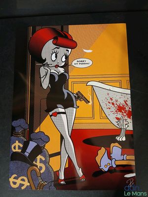 a cartoon picture of a woman with a gun in a bathroom