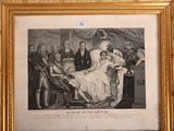 an old picture of a woman laying on a bed in front of a group of men