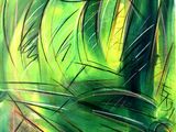 peinture abstraite représentant un tableau vert et jaune composé de lignes et de formes