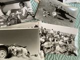 several old black and white photos of people sitting on a bed