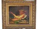 an oil painting of a bird and other items on a table