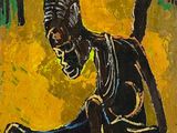 une peinture à l'huile représentant une femme assise par terre avec un seau