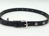black leather belt with rivets and a metal buckle on a white background