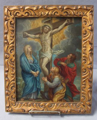une vieille peinture représentant Jésus sur la croix avec d'autres personnes