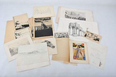 several old photographs and postcards are arranged on a white surface