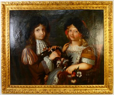 tableau représentant deux enfants tenant des fleurs, dans un cadre doré