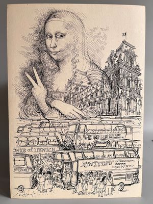 un dessin représentant une femme dans un bus, avec une tour horloge en arrière-plan