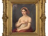 an image of a painting of a woman in a red dress