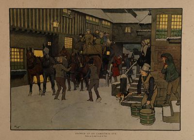 un dessin représentant une calèche dans une écurie