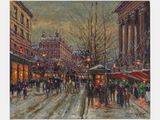 une peinture à l'huile représentant des personnes marchant dans une rue la nuit